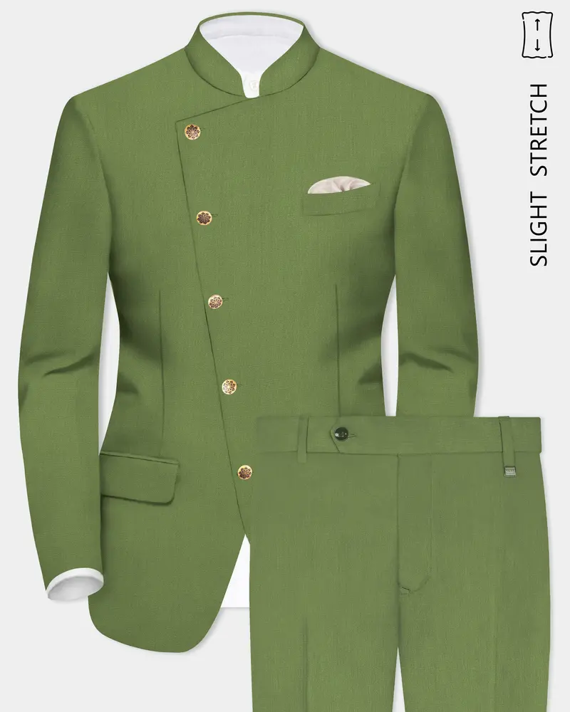 Sage Regal-Dingley Green Solid Wool Rich Cross Placket Bandhgala Slight Stretch Suit 1