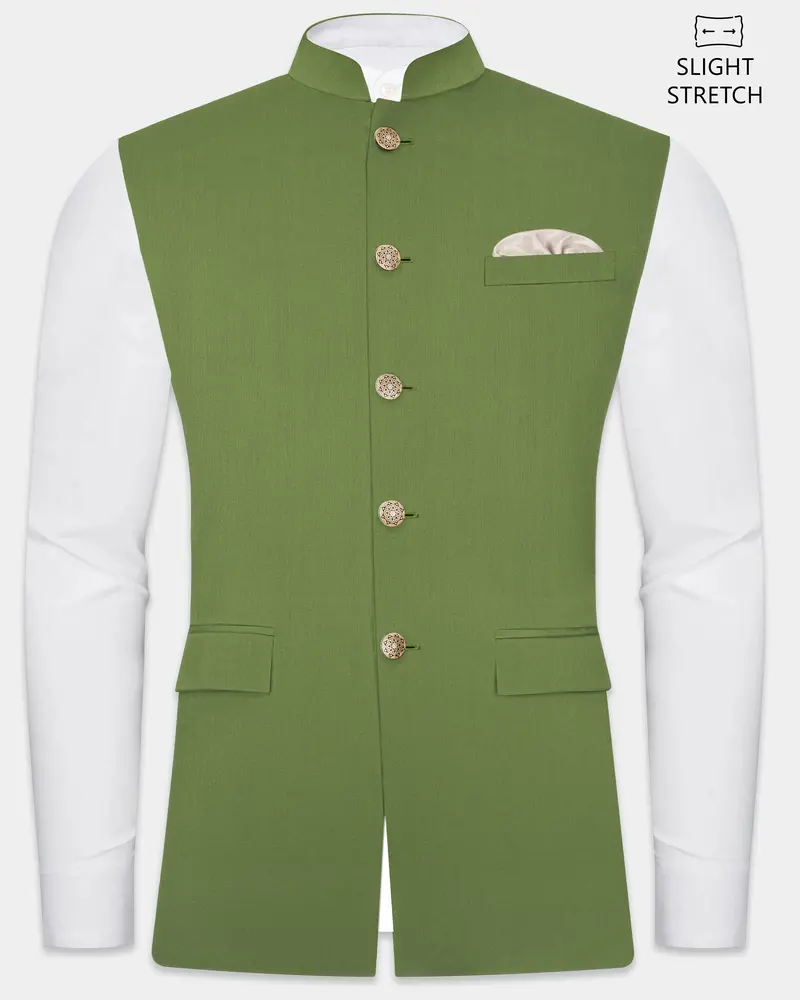 Sage Regal-Dingley Green Solid Wool Rich Slight Stretch Nehru Jacket 1