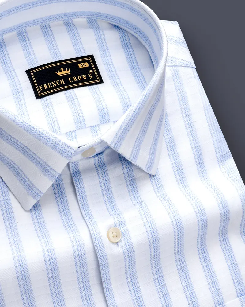 Sailors-Tropical Blue And Bright White Stripes Dobby Textured Premium Giza Cotton Dress Shirt 1