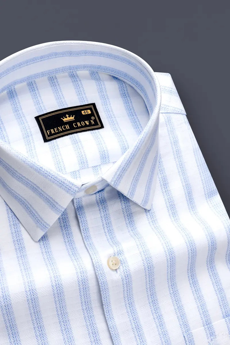 Sailors-Tropical Blue And Bright White Stripes Dobby Textured Premium Giza Cotton Dress Shirt 2