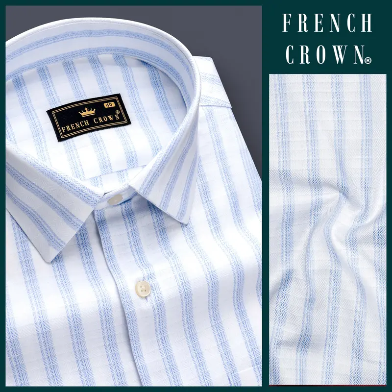Sailors-Tropical Blue And Bright White Stripes Dobby Textured Premium Giza Cotton Dress Shirt 8