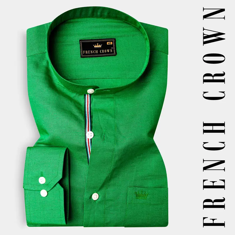 Salem Green Luxurious Linen Mandarin Collar Shirt 1