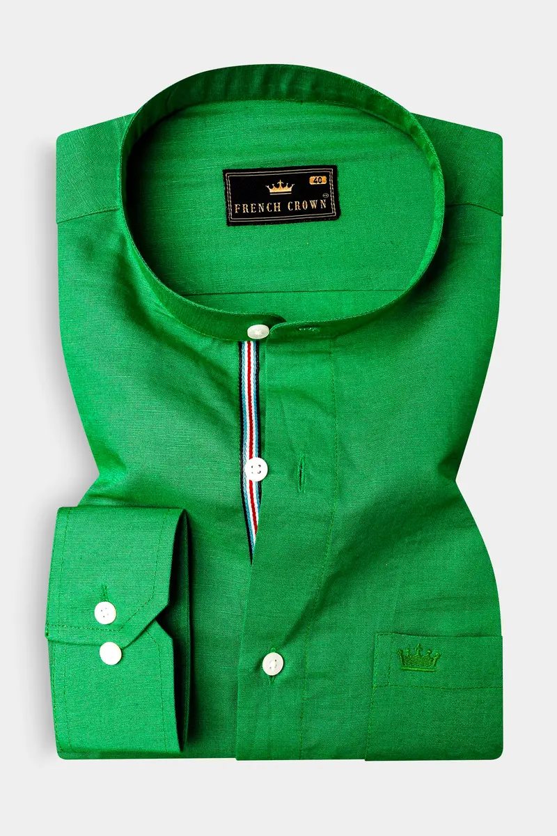Salem Green Luxurious Linen Mandarin Collar Shirt 2