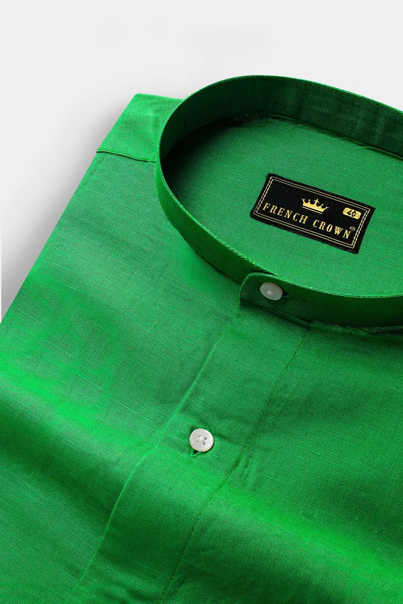 Salem Green Luxurious Linen Mandarin Collar Shirt 4