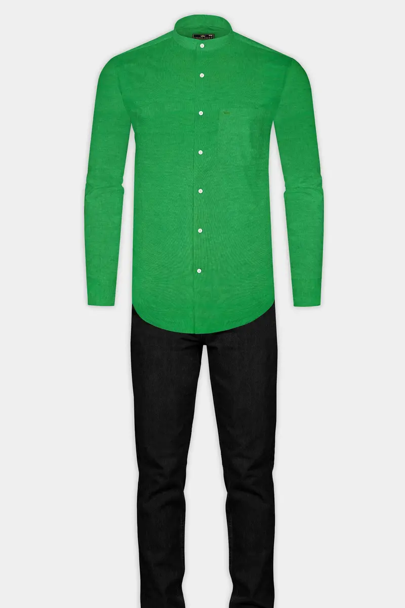 Salem Green Luxurious Linen Mandarin Collar Shirt 7