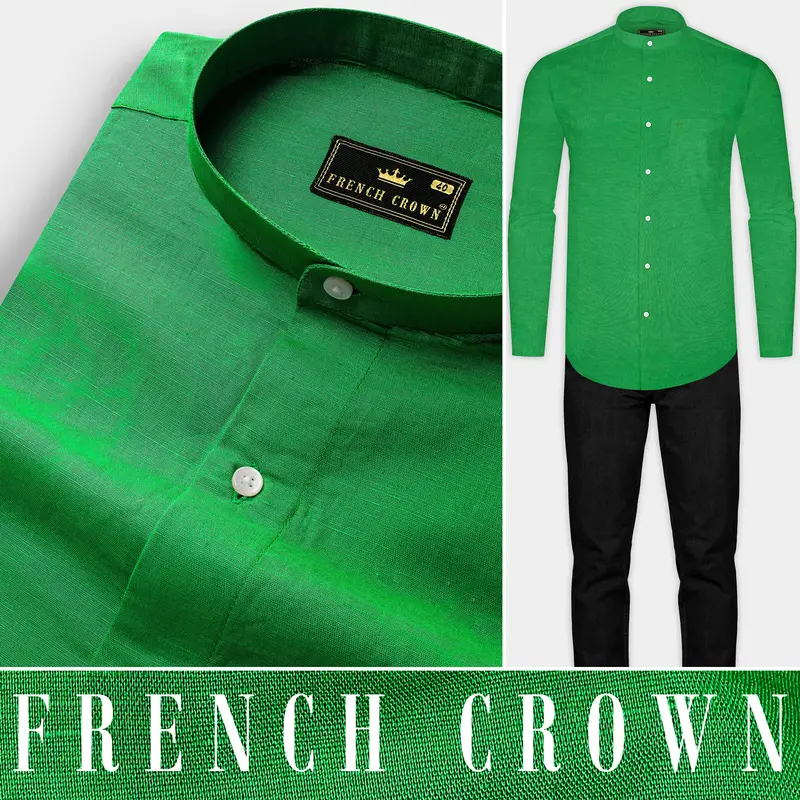 Salem Green Luxurious Linen Mandarin Collar Shirt 8