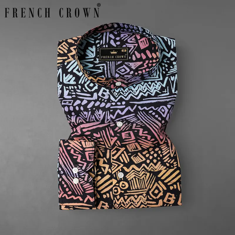 Salmon Peach With Jade Black Abstract Printed Premium Cotton Shirt 7