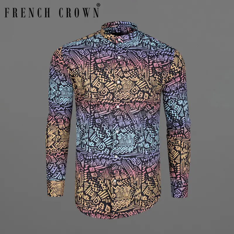 Salmon Peach With Jade Black Abstract Printed Premium Cotton Shirt 8