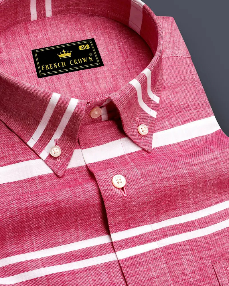Salmon Pink And White Striped Chambray Shirt 1