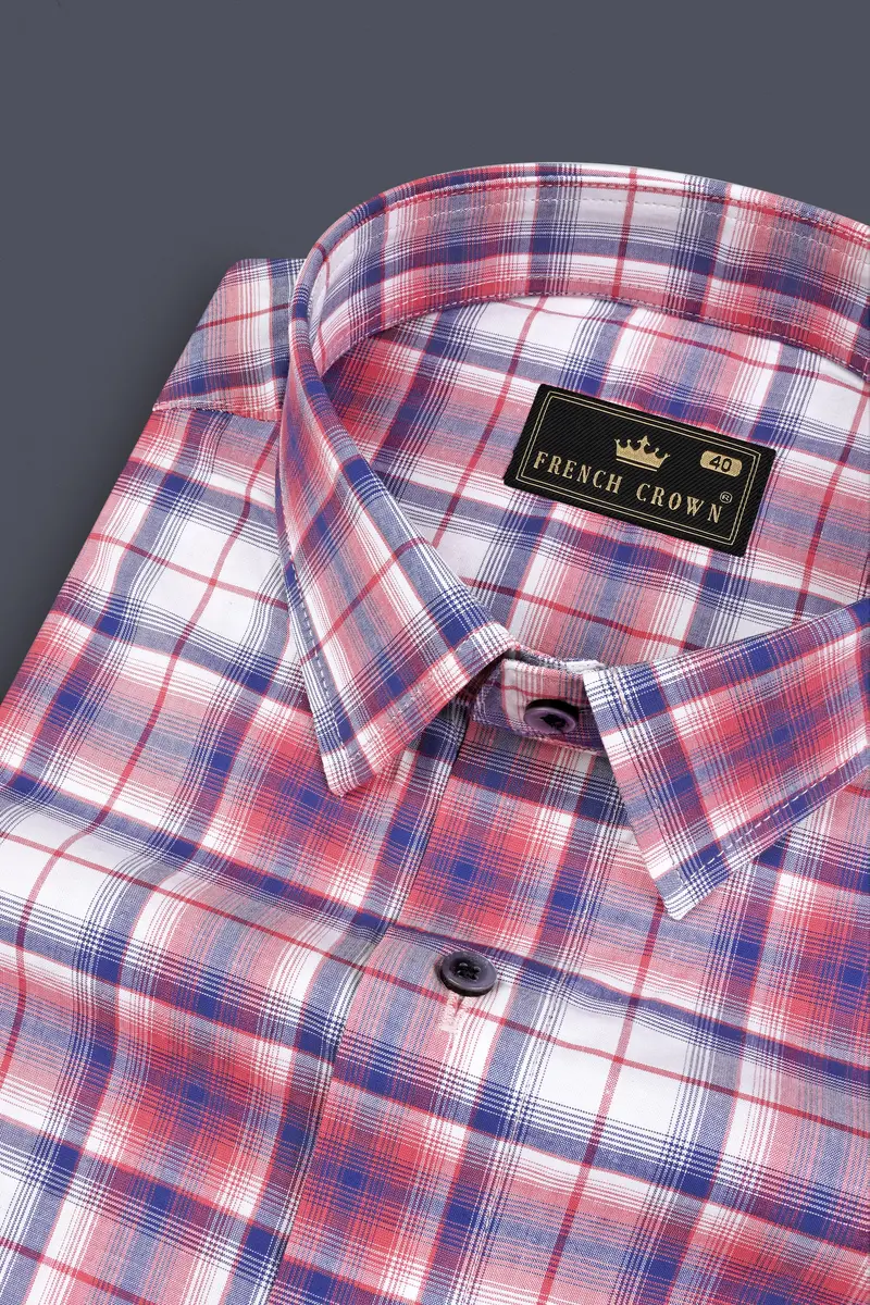 Salmon Red With San Marino Blue Plaid Premium Cotton Shirt 1