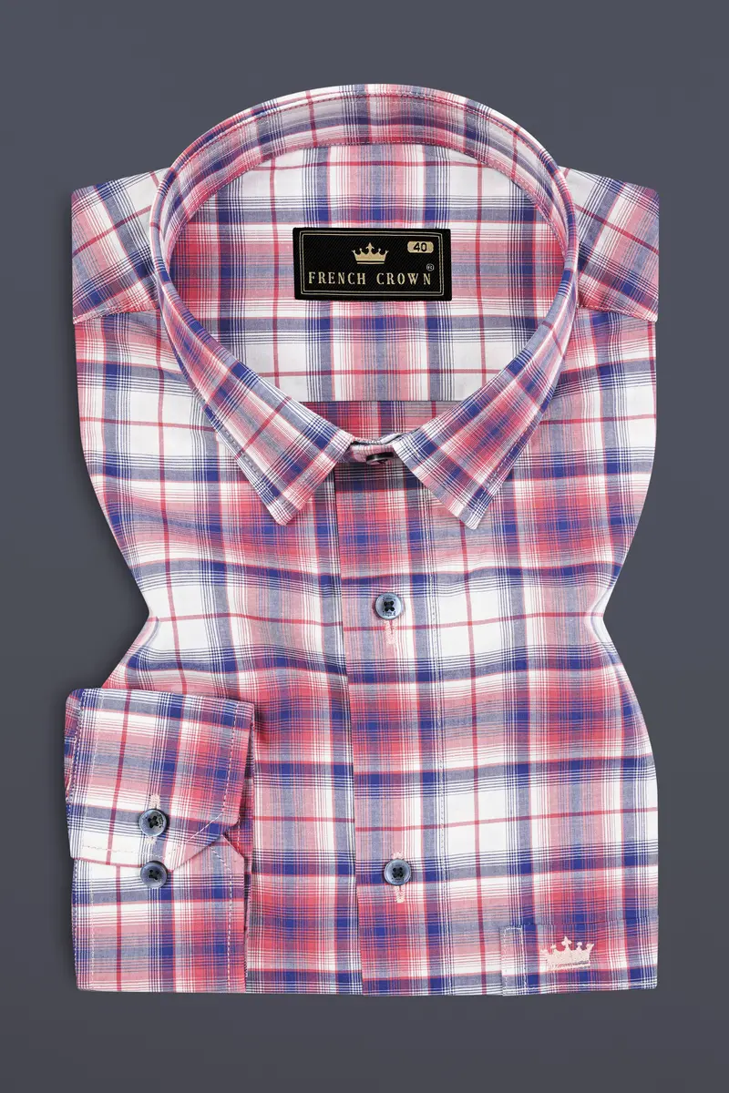 Salmon Red With San Marino Blue Plaid Premium Cotton Shirt 3