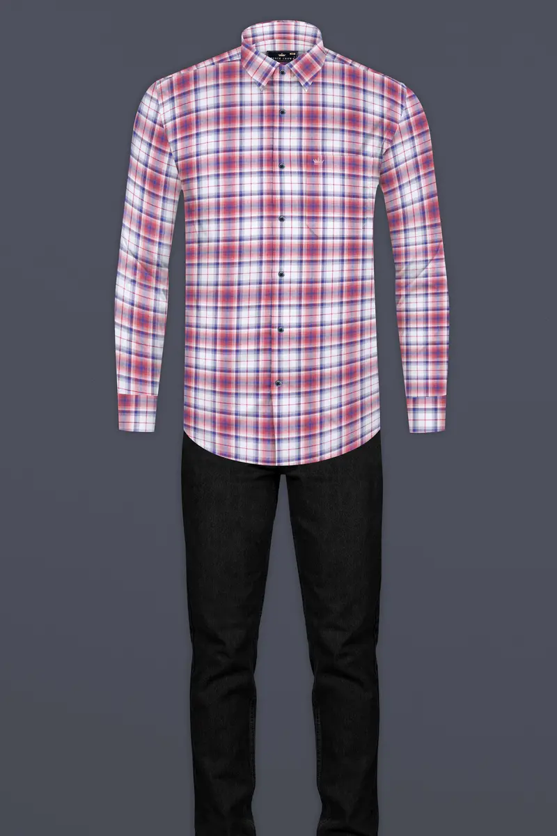 Salmon Red With San Marino Blue Plaid Premium Cotton Shirt 6
