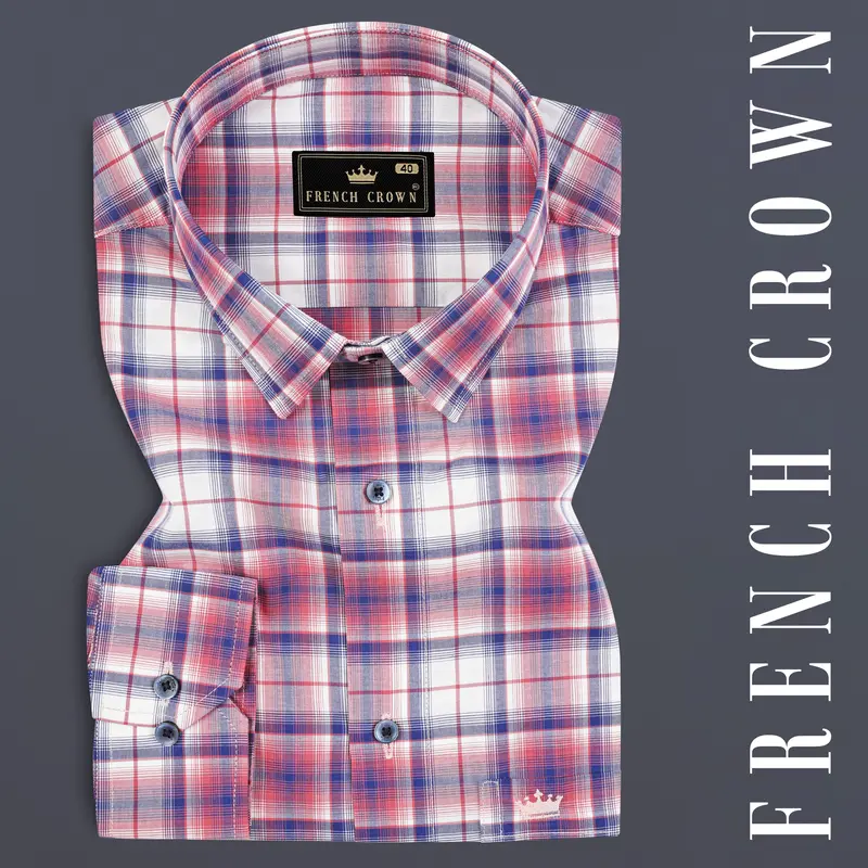 Salmon Red With San Marino Blue Plaid Premium Cotton Shirt 7