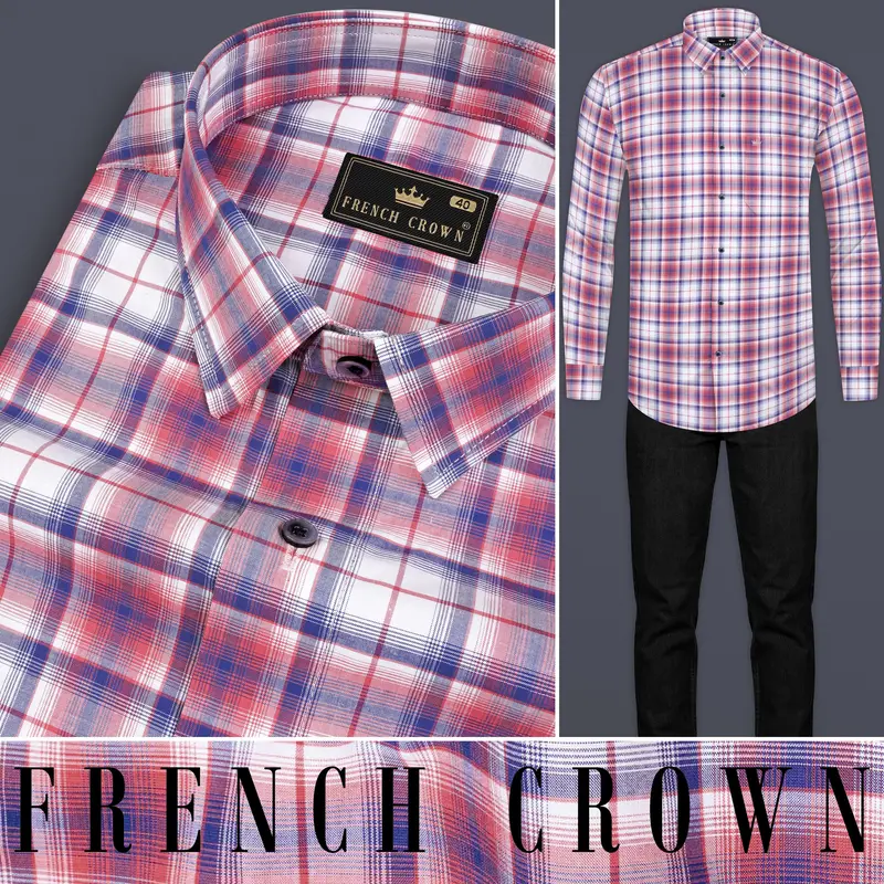 Salmon Red With San Marino Blue Plaid Premium Cotton Shirt 9