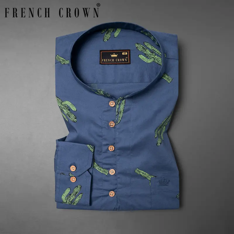 San Juan Blue Cactus Printed Premium Cotton Kurta Shirt 1