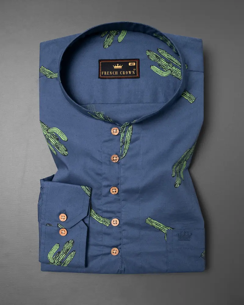 San Juan Blue Cactus Printed Premium Cotton Kurta Shirt 2