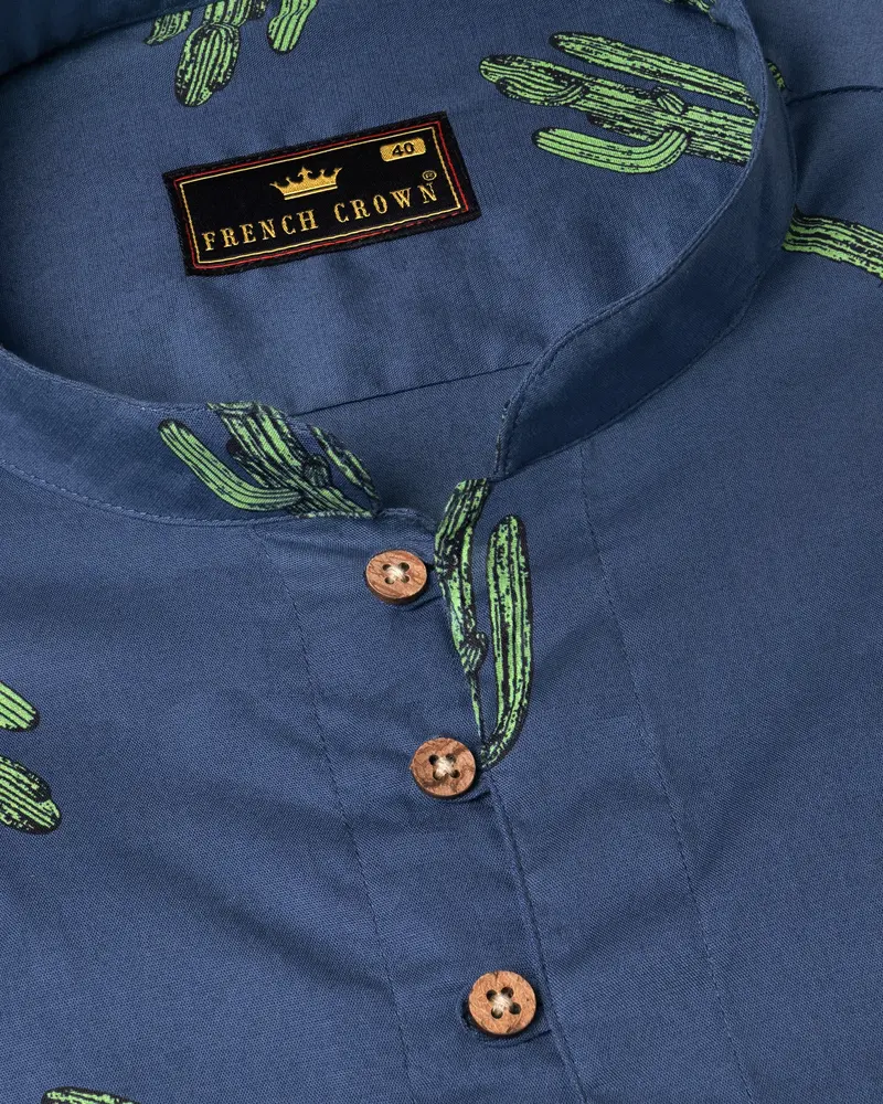 San Juan Blue Cactus Printed Premium Cotton Kurta Shirt 4