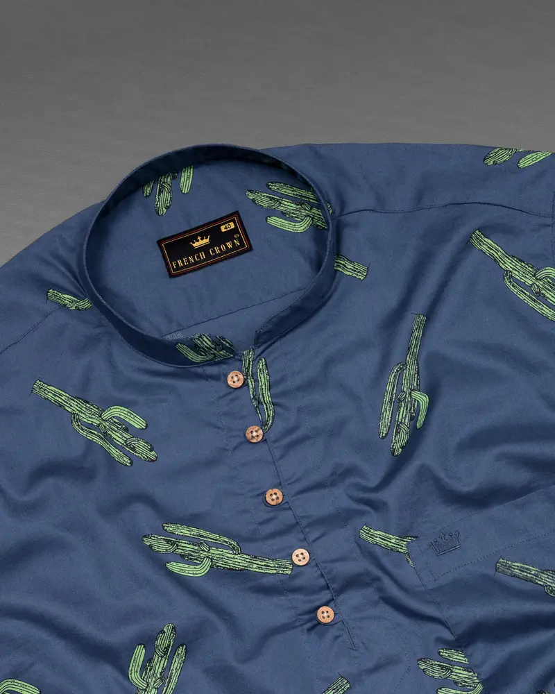 San Juan Blue Cactus Printed Premium Cotton Kurta Shirt 5