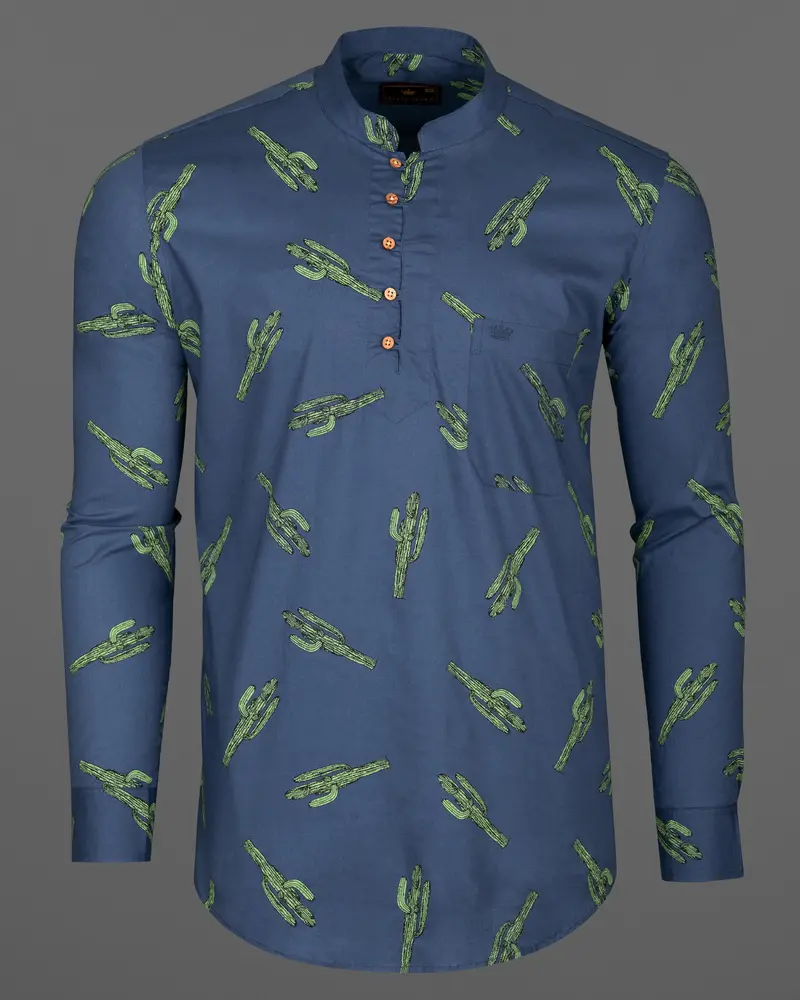San Juan Blue Cactus Printed Premium Cotton Kurta Shirt 6