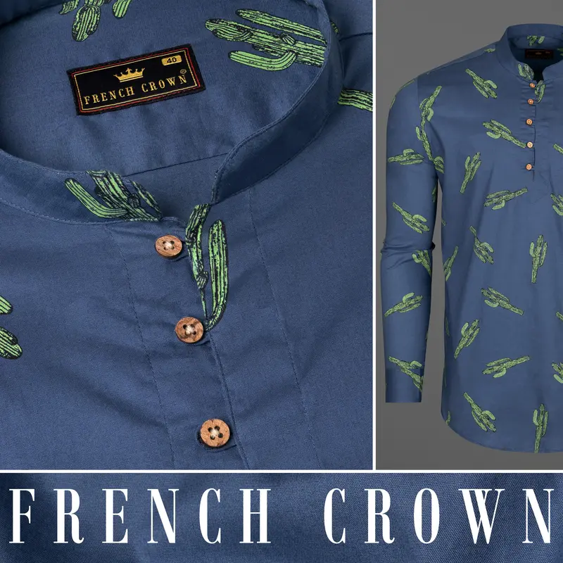 San Juan Blue Cactus Printed Premium Cotton Kurta Shirt 9