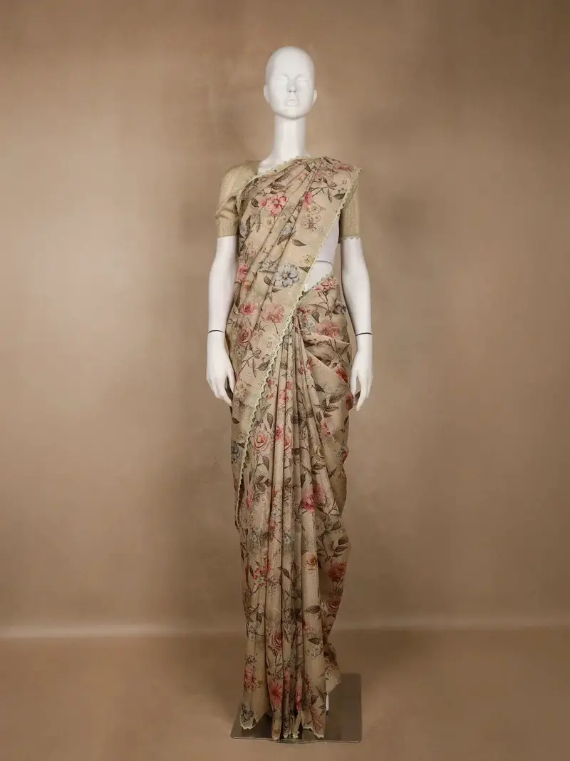 Sand Beige Floral Printed Tussar Silk Saree 1