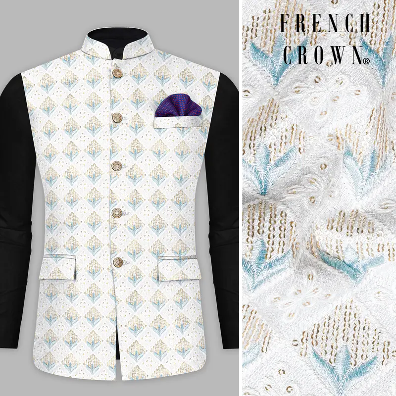 Sand Cream Geometric Sequin And Thread Embroidered Nehru Jacket 1