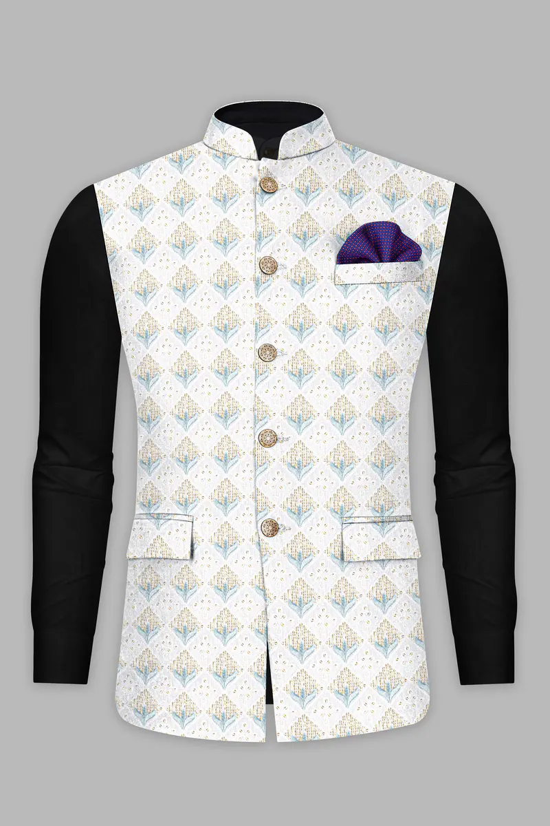 Sand Cream Geometric Sequin And Thread Embroidered Nehru Jacket 2