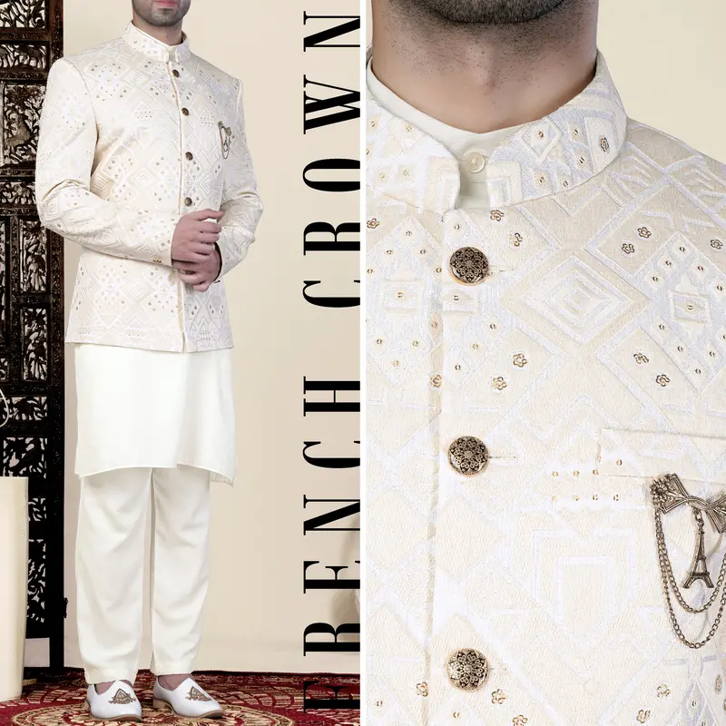 Sand Cream Geometric Thread And Sequin Embroidered Jodhpuri 1
