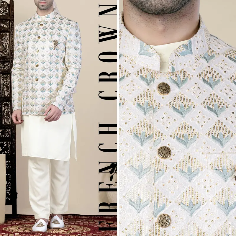 Sand Cream Geometric Thread And Sequin Embroidered Jodhpuri 1