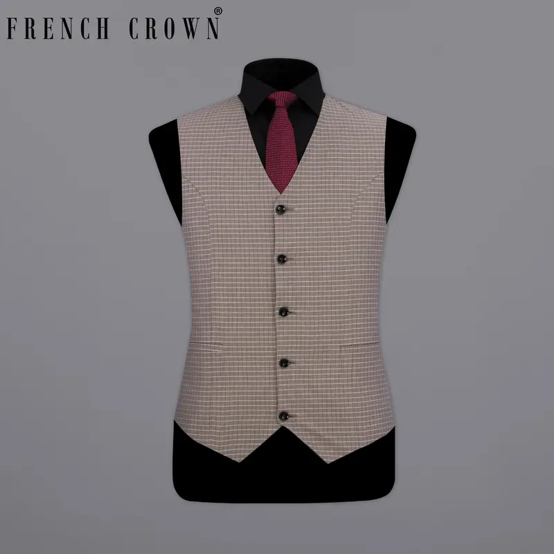 Sand Dune Brown Checkered Premium Cotton Waistcoat 1