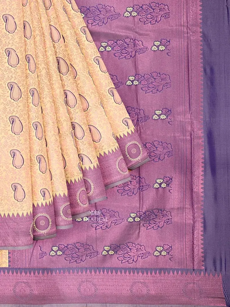 Sandal Art Silk Saree With Floral Motif On The Body And Contrast Border 1