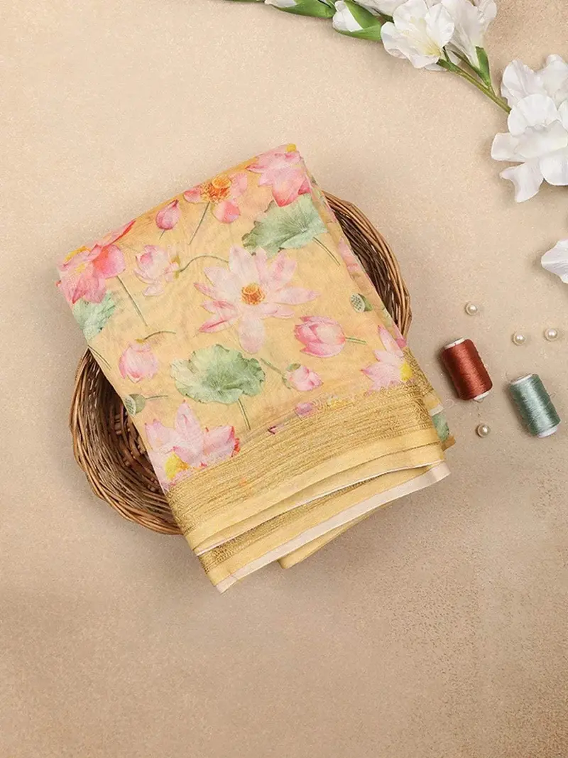 Sandal Chanderi Silk Saree With Flower And Leaf Print Design On The Body With Matching Border 1