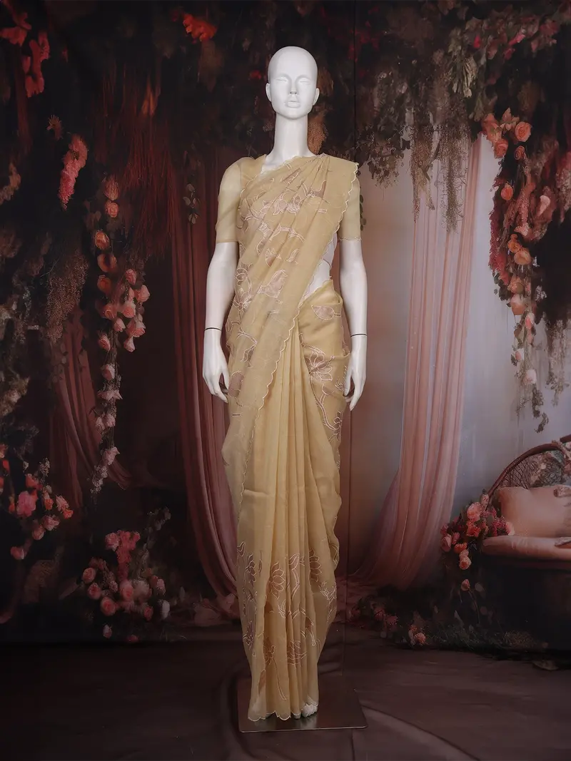 Sandal Floral And Deer Embroidered Design Tissue Saree 1