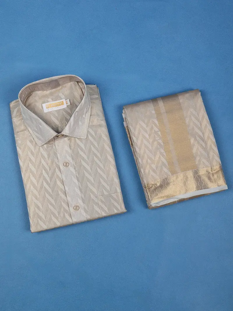 Sandal Jacquard Designed Silk Full-Sleeve Shirt With Matching Dhoti Set 1