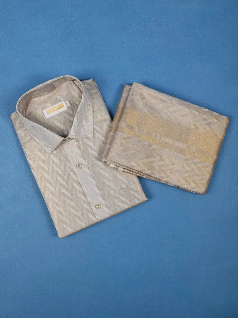 Sandal Jacquard Designed Silk Full-Sleeve Shirt With Matching Dhoti Set 2