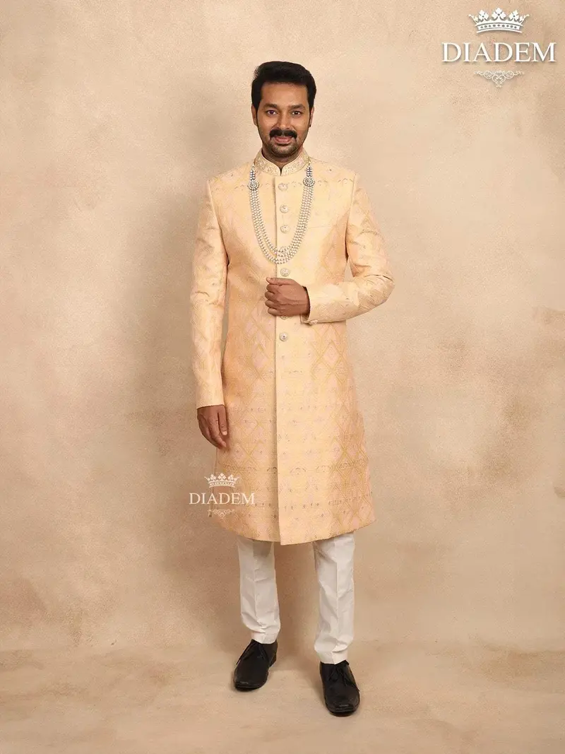 Sandal Jacquard Sherwani Suit Adorned With Embossed Details, Paired With Bead Mala 1
