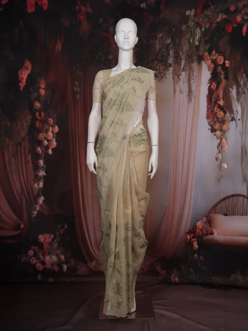 Sandal Lotus Embroidered Design Tissue Saree 1