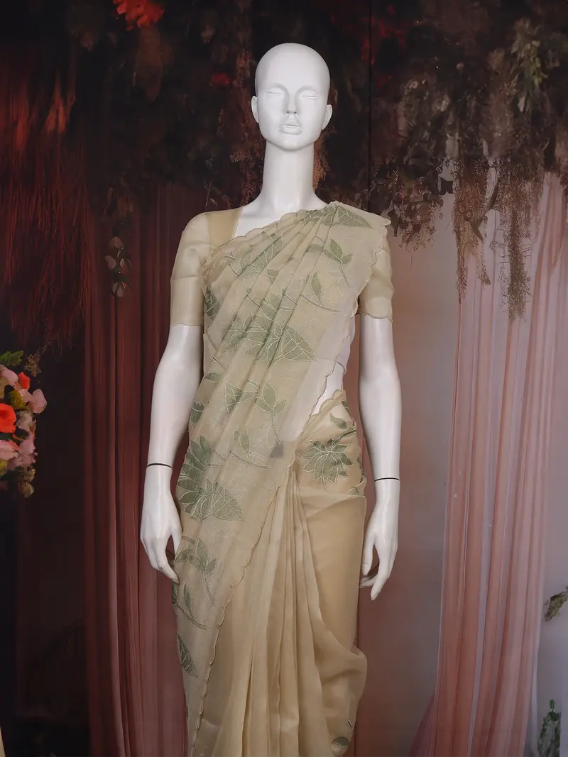 Sandal Lotus Embroidered Design Tissue Saree 2