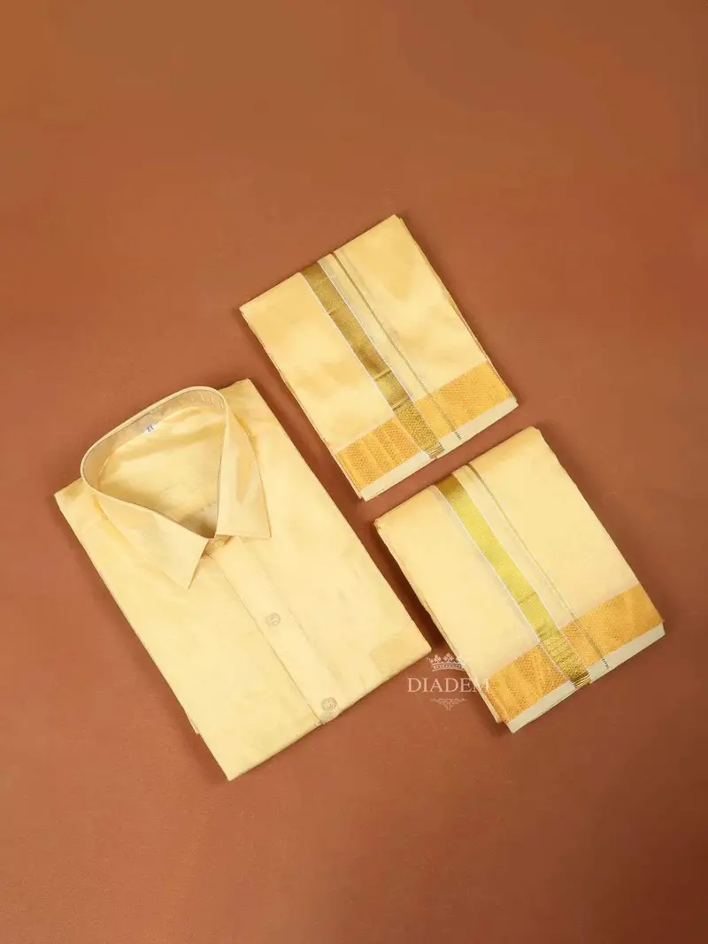 Sandal Plain Semi Silk Full-Sleeve Shirt With Matching Dhoti And Towel Set 1