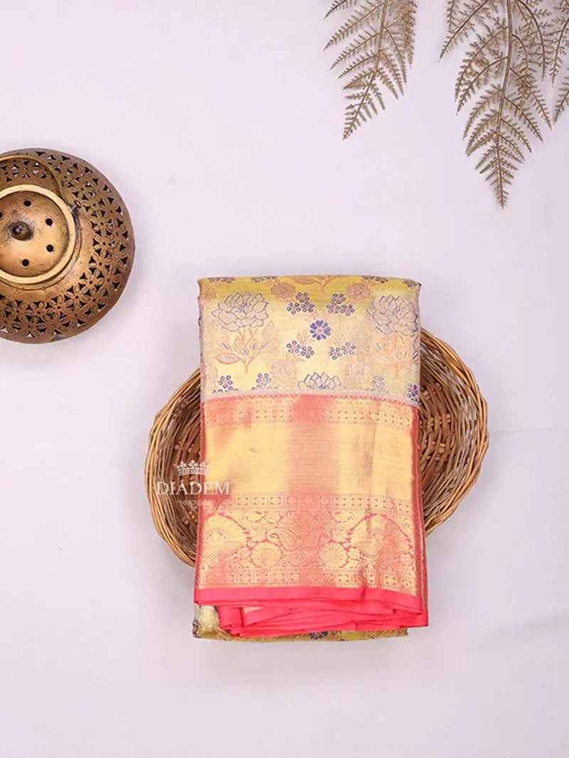 Sandal Pure Kanchipuram Bridal Silk Saree With Floral Motif On The Body And Contrast Zari Border 1