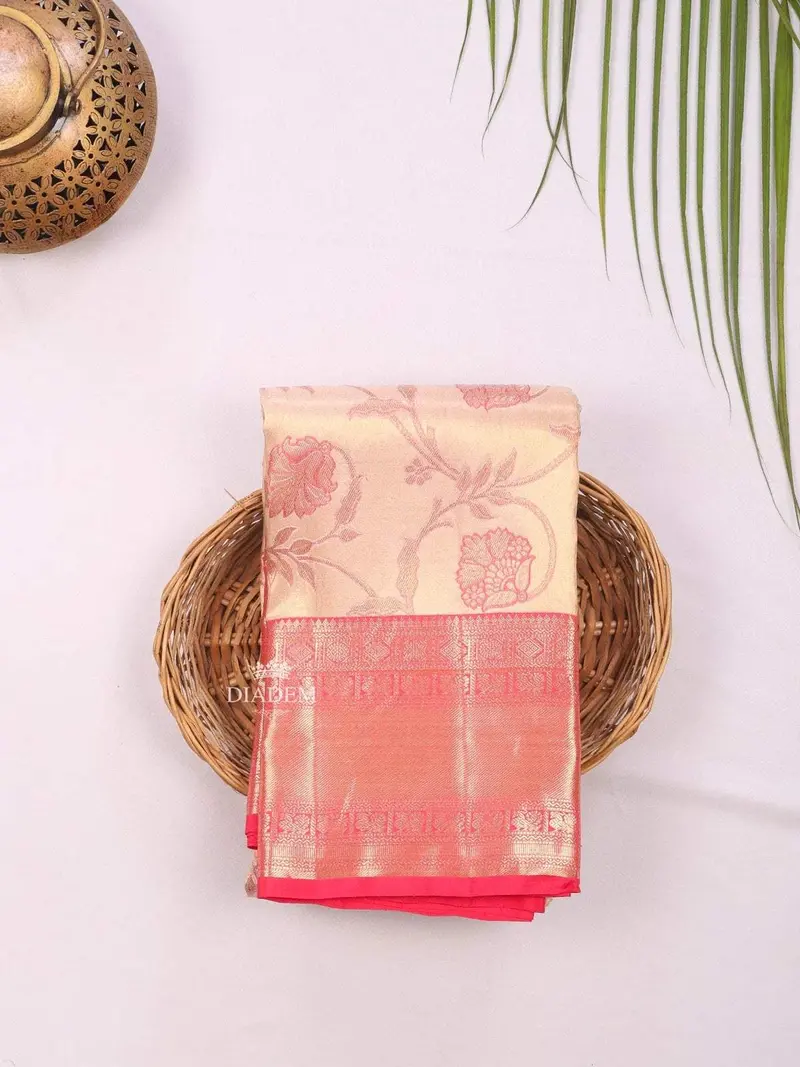 Sandal Pure Kanchipuram Bridal Silk Saree With Floral Motif On The Body And Contrast Zari Border 1