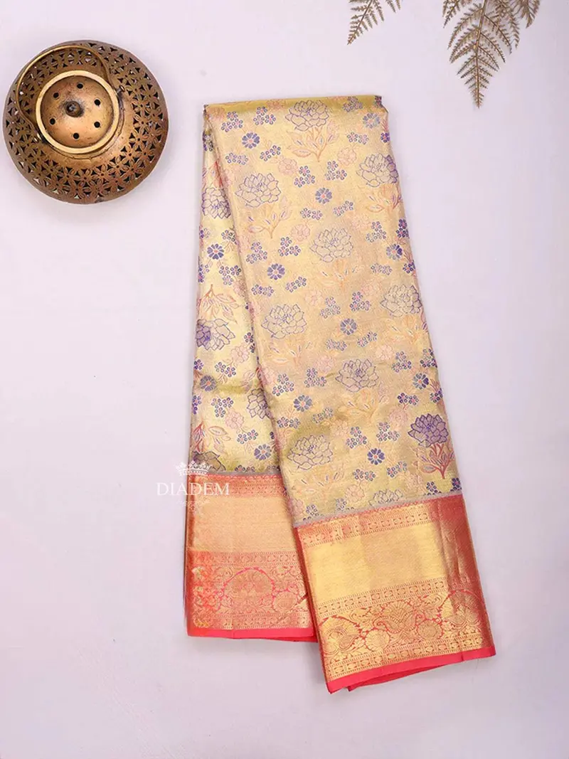Sandal Pure Kanchipuram Bridal Silk Saree With Floral Motif On The Body And Contrast Zari Border 2