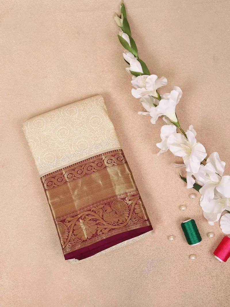 Sandal Pure Kanchipuram Bridal Silk Saree With Flower Motif On The Body With Contrast Zari Border 1