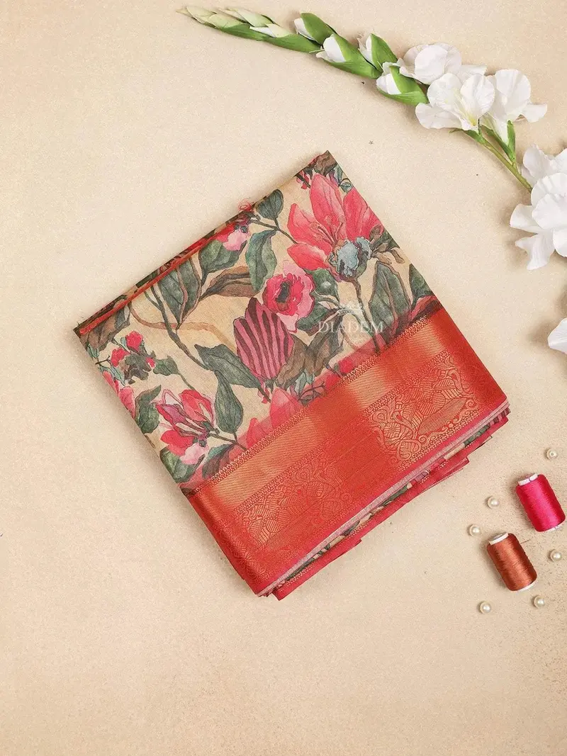 Sandal Semi Tussar Silk Saree With Floral Design On The Body With Contrast Zari Border 1