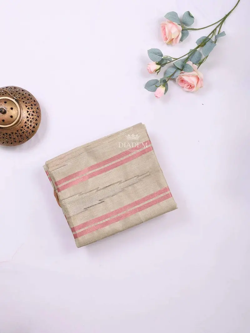 Sandal Semi Tussar Silk Saree With Stripes Design On The Body And Without Border 1
