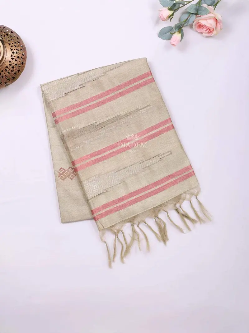 Sandal Semi Tussar Silk Saree With Stripes Design On The Body And Without Border 2