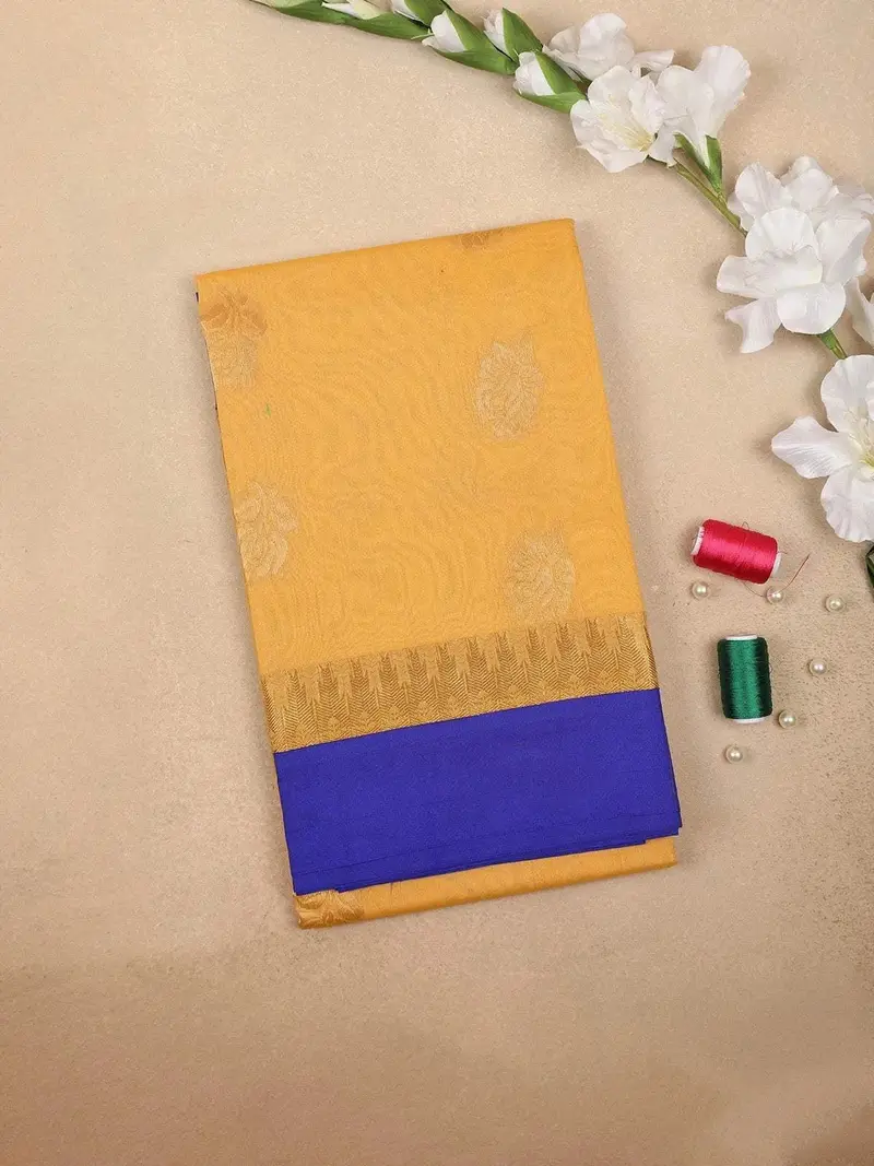 Sandal Silk Cotton Saree With Rose Motif On The Body With With Contrast Border 1