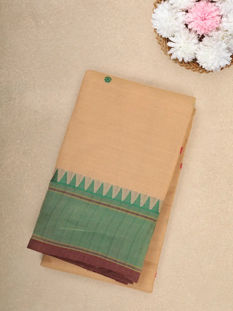 Sandal Solid Design Cotton Saree With Green Temple Border 1