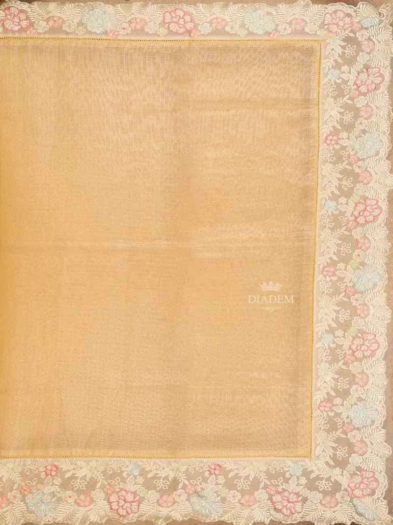 Sandal Yellow Semi Banarasi Saree With Plain Body And Floral Embroidery Border 2
