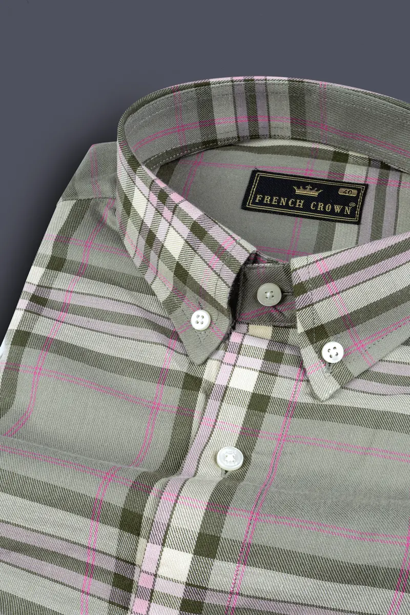 Sandrift Brown With Mondo Green Twill Checkered Premium Cotton Shirt 1